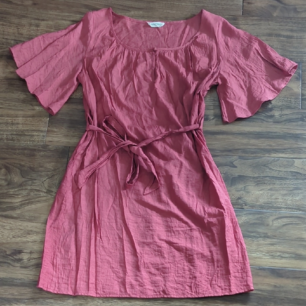 Cotton Blend Pink Flutter Sleeve Dress